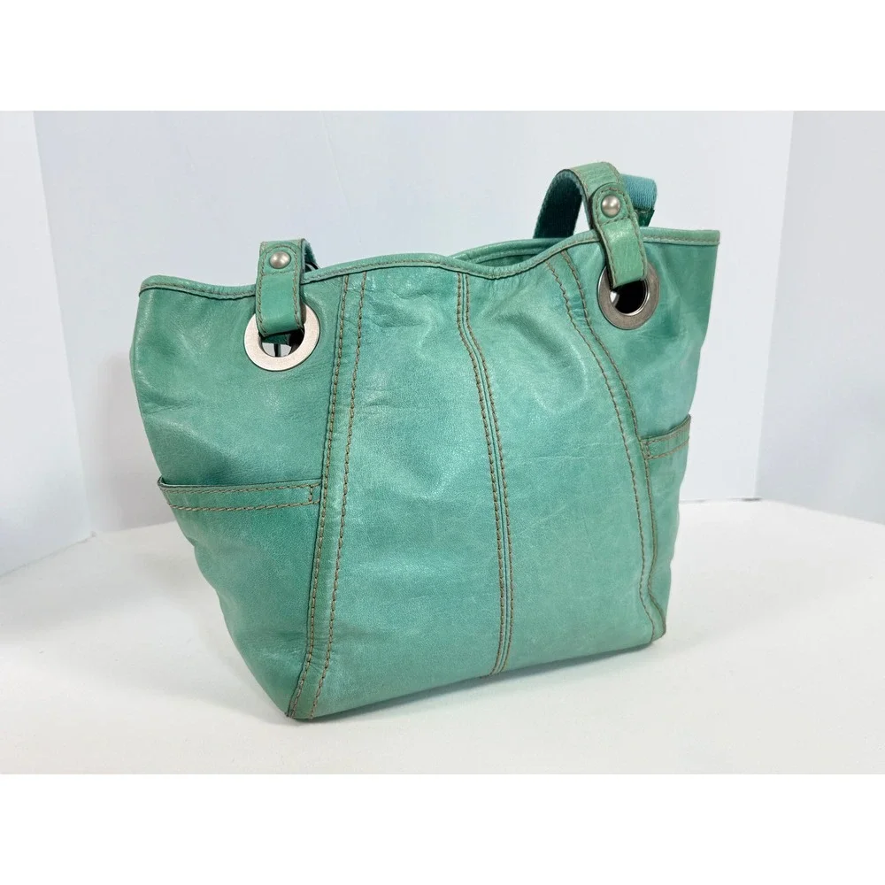 Fossil Teal Hathaway Leather Shoulder Bag Tote Key Charm ZB9385
